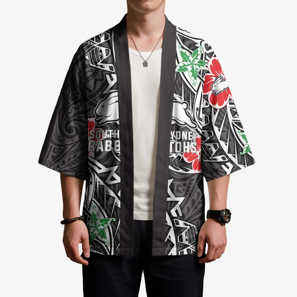Personalised South Sydney Rabbitohs Kimono Polynesian Tribal Pattern With Rugby Rabbit Mascot Art