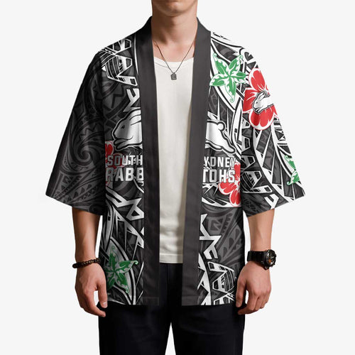 Personalised South Sydney Rabbitohs Kimono Polynesian Tribal Pattern With Rugby Rabbit Mascot Art