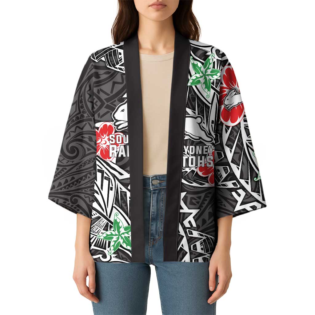 Personalised South Sydney Rabbitohs Kimono Polynesian Tribal Pattern With Rugby Rabbit Mascot Art