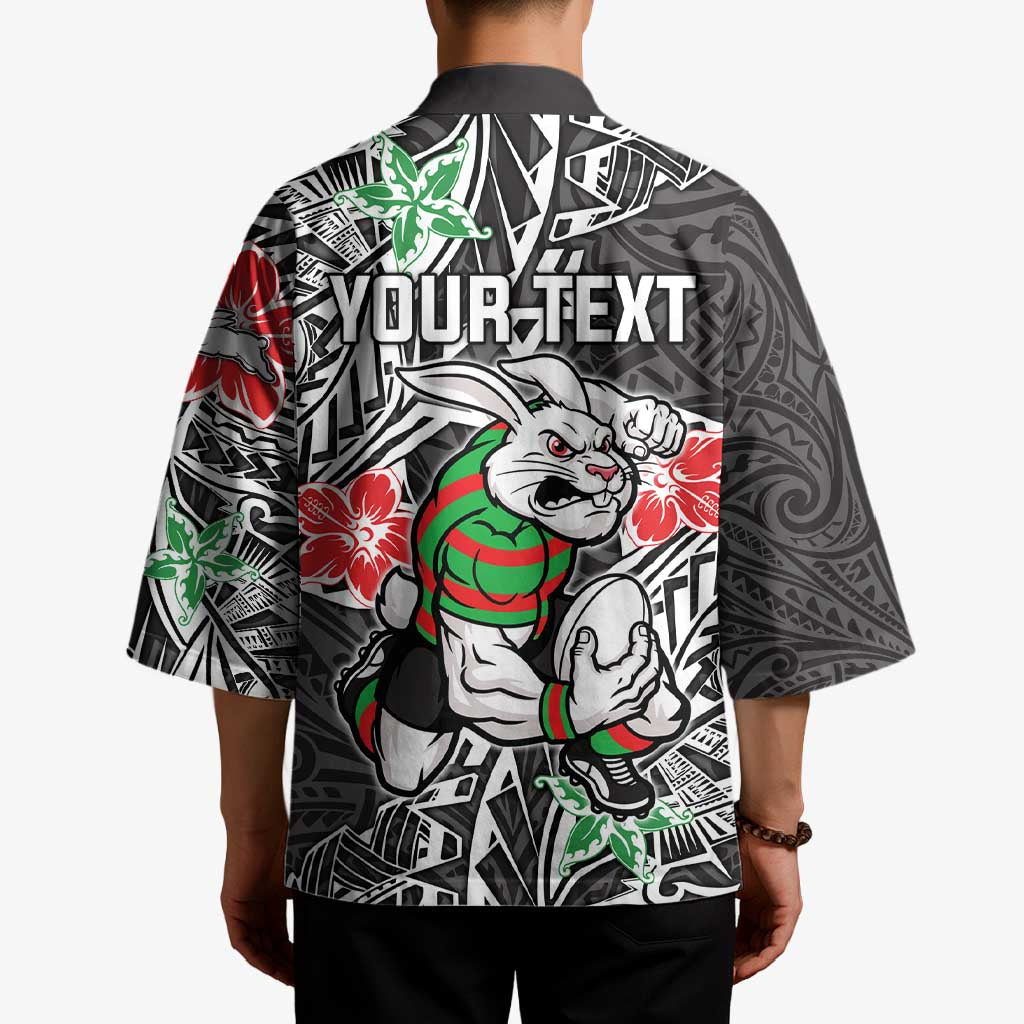 Personalised South Sydney Rabbitohs Kimono Polynesian Tribal Pattern With Rugby Rabbit Mascot Art