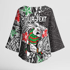 Personalised South Sydney Rabbitohs Kimono Sleeve Blouse Polynesian Tribal Pattern With Rugby Rabbit Mascot Art