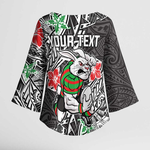 Personalised South Sydney Rabbitohs Kimono Sleeve Blouse Polynesian Tribal Pattern With Rugby Rabbit Mascot Art