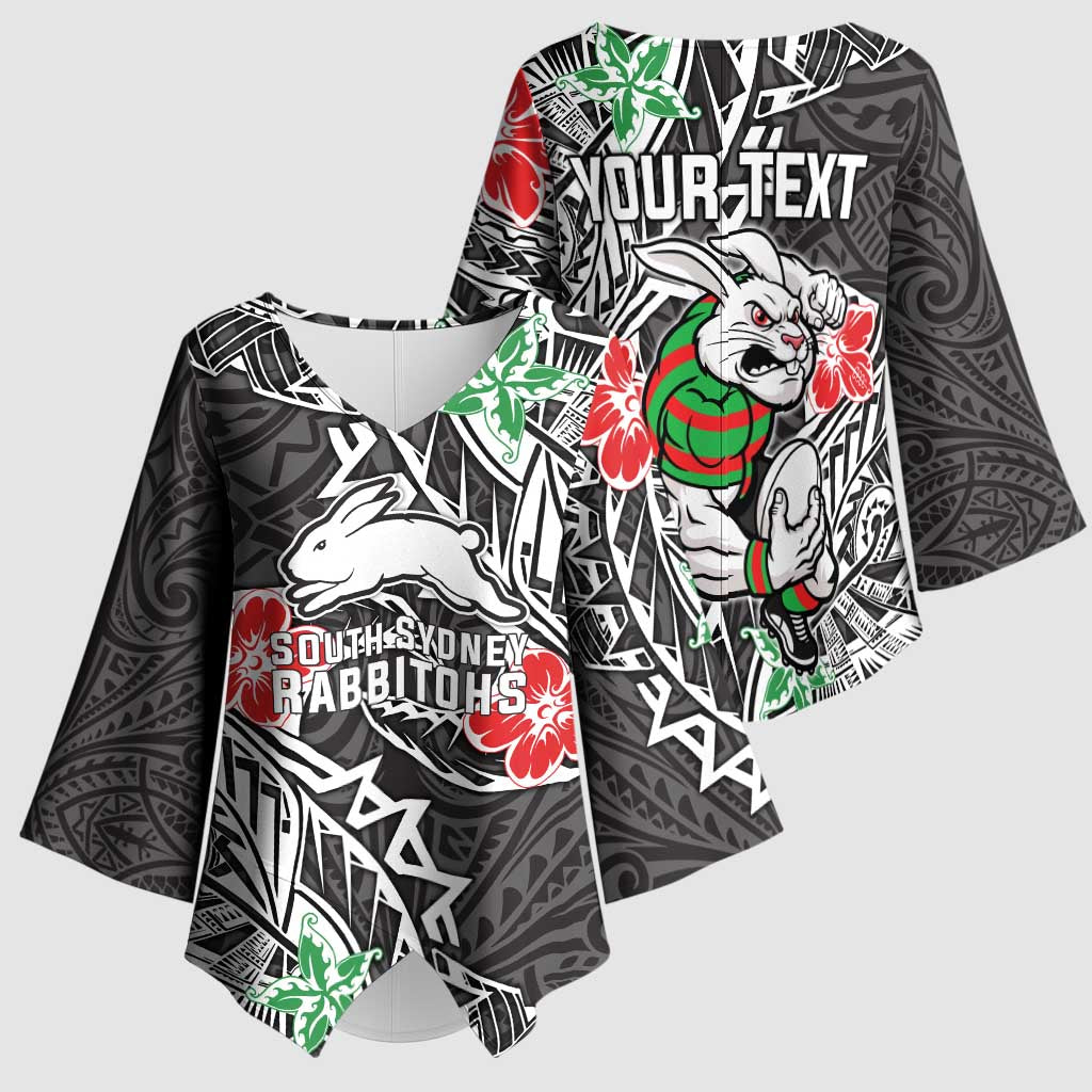 Personalised South Sydney Rabbitohs Kimono Sleeve Blouse Polynesian Tribal Pattern With Rugby Rabbit Mascot Art