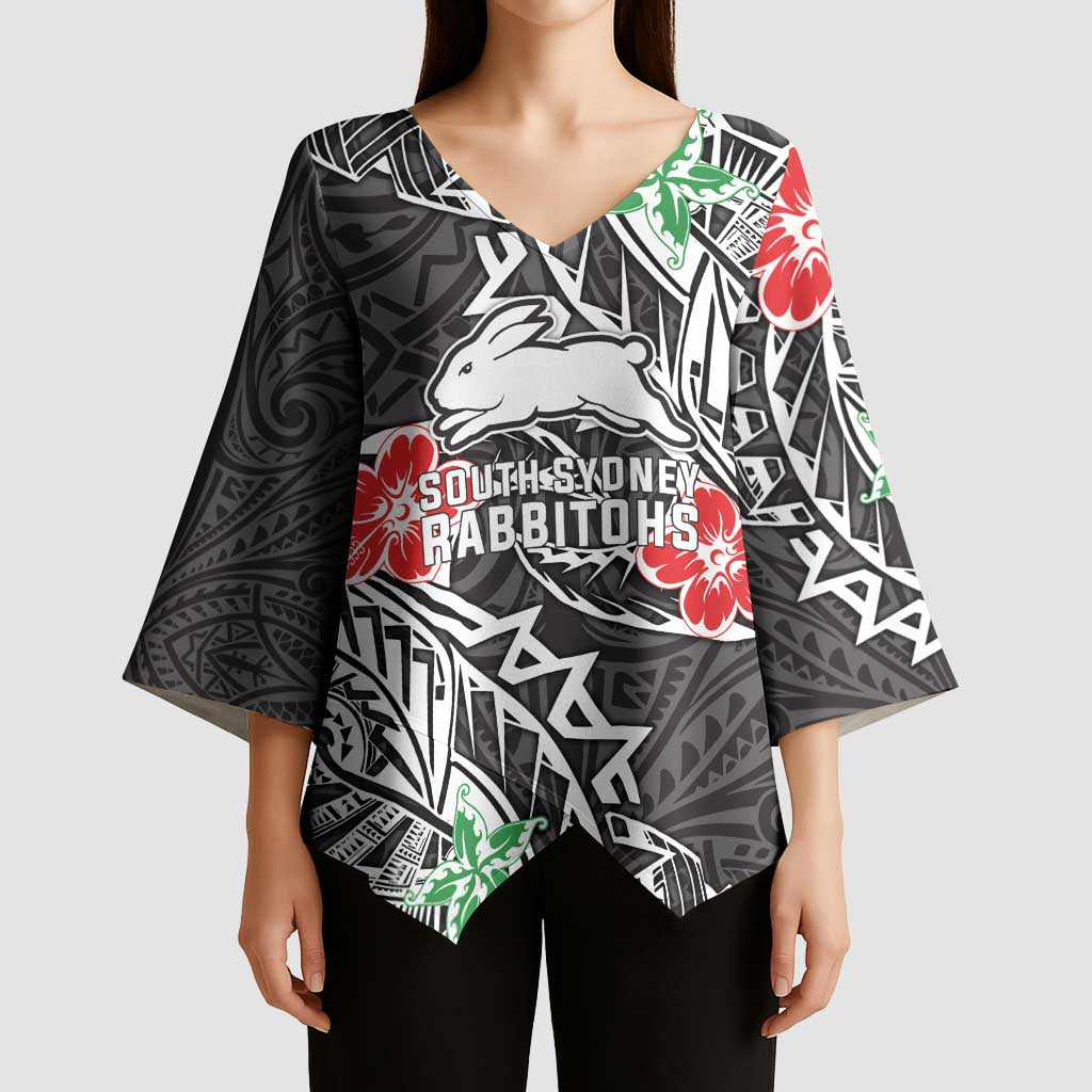Personalised South Sydney Rabbitohs Kimono Sleeve Blouse Polynesian Tribal Pattern With Rugby Rabbit Mascot Art