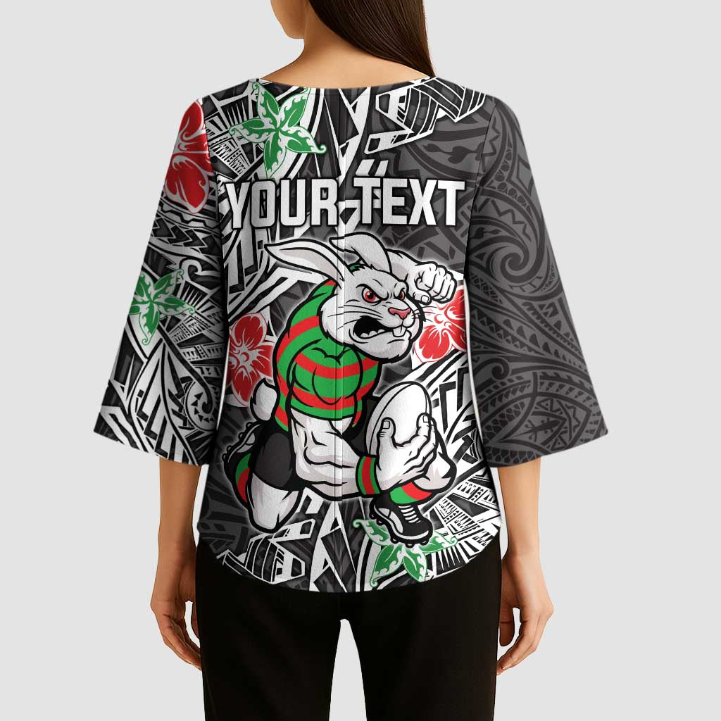 Personalised South Sydney Rabbitohs Kimono Sleeve Blouse Polynesian Tribal Pattern With Rugby Rabbit Mascot Art