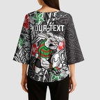 Personalised South Sydney Rabbitohs Kimono Sleeve Blouse Polynesian Tribal Pattern With Rugby Rabbit Mascot Art