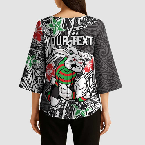 Personalised South Sydney Rabbitohs Kimono Sleeve Blouse Polynesian Tribal Pattern With Rugby Rabbit Mascot Art