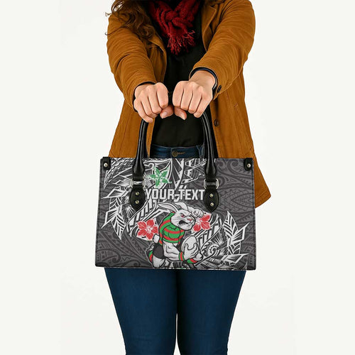 Personalised South Sydney Rabbitohs Leather Bag Polynesian Tribal Pattern With Rugby Rabbit Mascot Art
