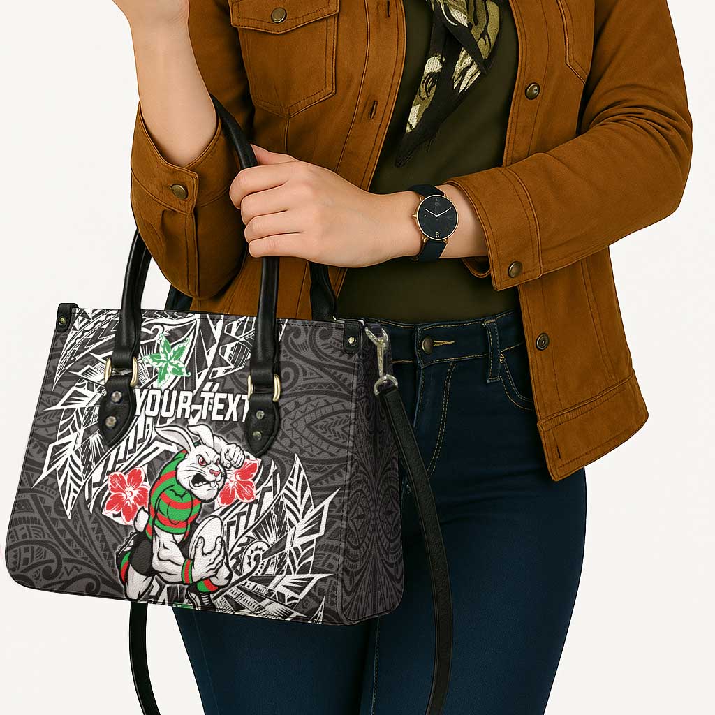 Personalised South Sydney Rabbitohs Leather Bag Polynesian Tribal Pattern With Rugby Rabbit Mascot Art