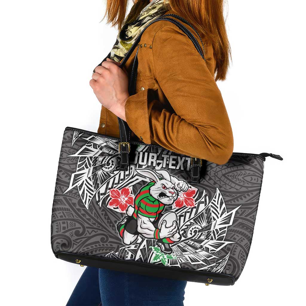 Personalised South Sydney Rabbitohs Leather Tote Bag Polynesian Tribal Pattern With Rugby Rabbit Mascot Art