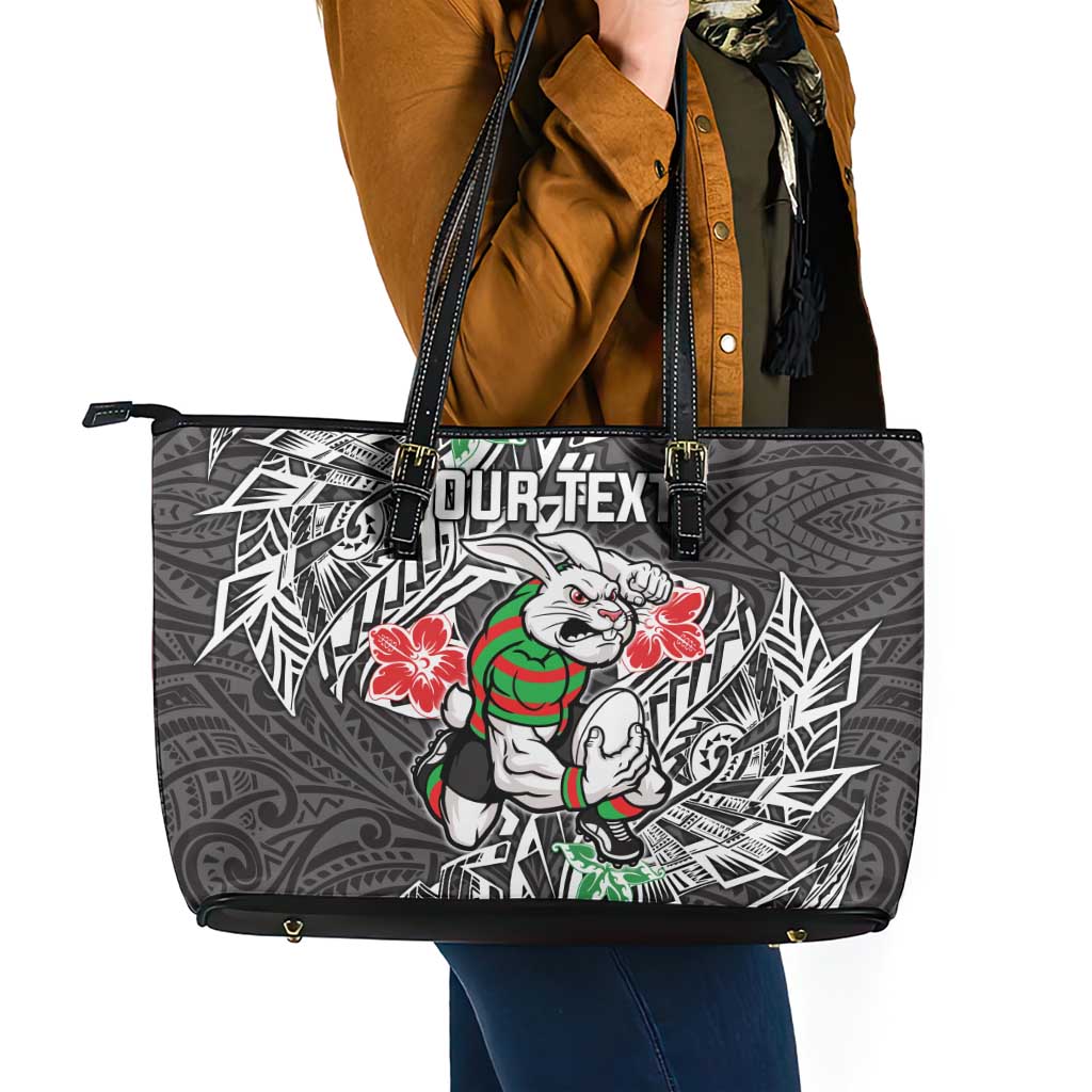 Personalised South Sydney Rabbitohs Leather Tote Bag Polynesian Tribal Pattern With Rugby Rabbit Mascot Art