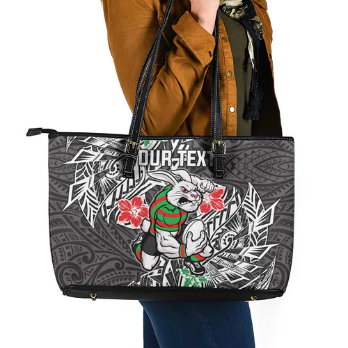 Personalised South Sydney Rabbitohs Leather Tote Bag Polynesian Tribal Pattern With Rugby Rabbit Mascot Art