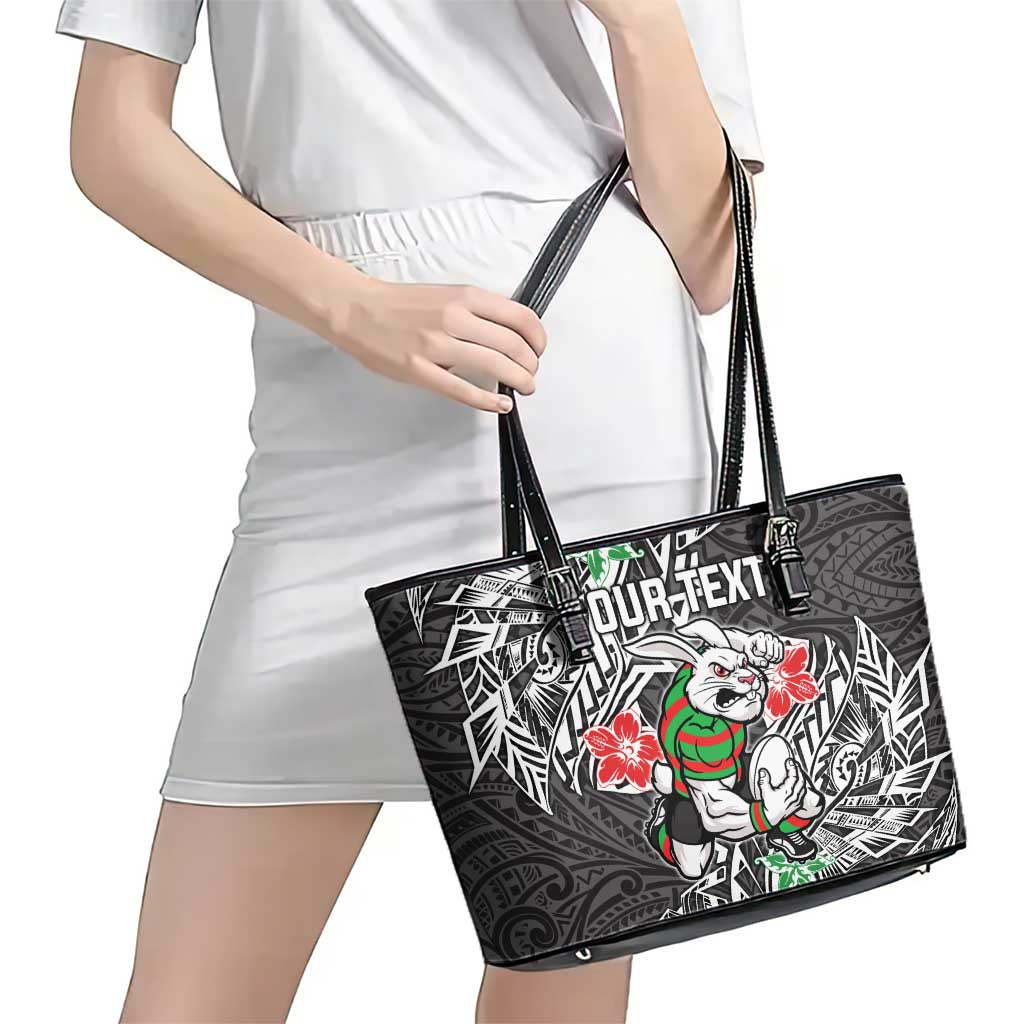 Personalised South Sydney Rabbitohs Leather Tote Bag Polynesian Tribal Pattern With Rugby Rabbit Mascot Art