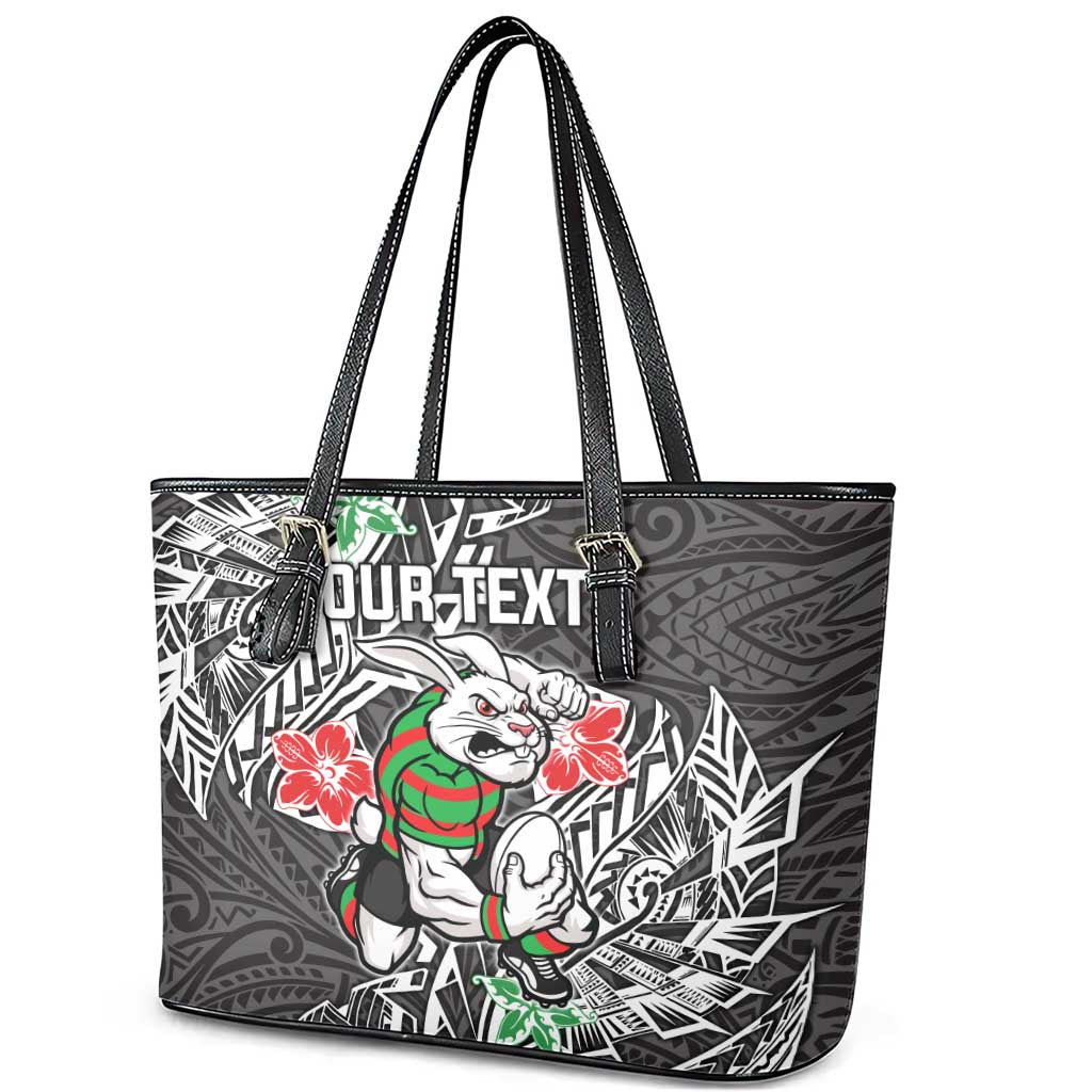 Personalised South Sydney Rabbitohs Leather Tote Bag Polynesian Tribal Pattern With Rugby Rabbit Mascot Art