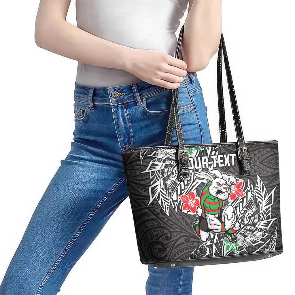Personalised South Sydney Rabbitohs Leather Tote Bag Polynesian Tribal Pattern With Rugby Rabbit Mascot Art