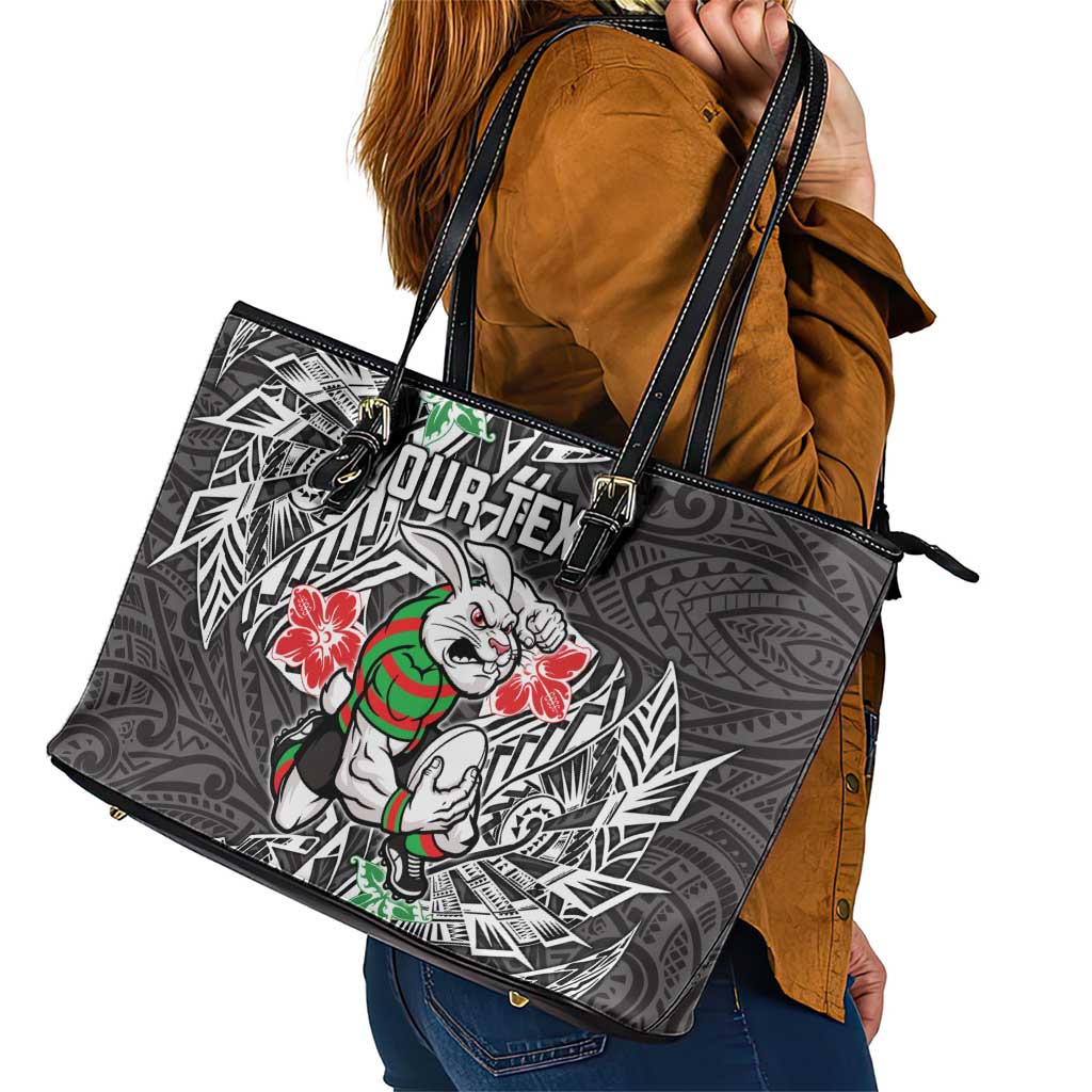 Personalised South Sydney Rabbitohs Leather Tote Bag Polynesian Tribal Pattern With Rugby Rabbit Mascot Art