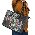 Personalised South Sydney Rabbitohs Leather Tote Bag Polynesian Tribal Pattern With Rugby Rabbit Mascot Art