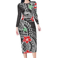 Personalised South Sydney Rabbitohs Long Sleeve Bodycon Dress Polynesian Tribal Pattern With Rugby Rabbit Mascot Art