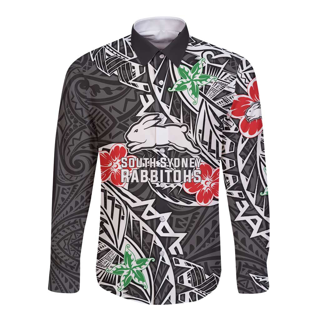 Personalised South Sydney Rabbitohs Long Sleeve Button Shirt Polynesian Tribal Pattern With Rugby Rabbit Mascot Art