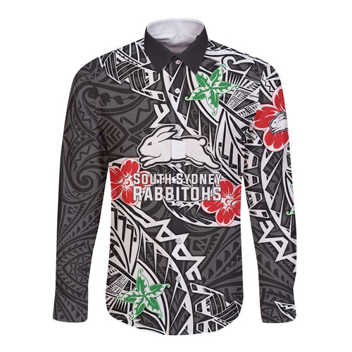Personalised South Sydney Rabbitohs Long Sleeve Button Shirt Polynesian Tribal Pattern With Rugby Rabbit Mascot Art