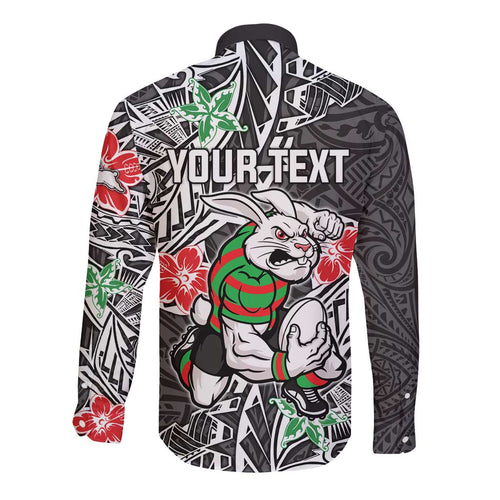 Personalised South Sydney Rabbitohs Long Sleeve Button Shirt Polynesian Tribal Pattern With Rugby Rabbit Mascot Art