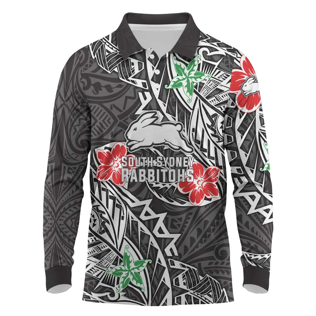 Personalised South Sydney Rabbitohs Long Sleeve Polo Shirt Polynesian Tribal Pattern With Rugby Rabbit Mascot Art