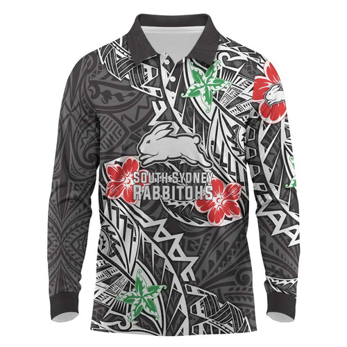 Personalised South Sydney Rabbitohs Long Sleeve Polo Shirt Polynesian Tribal Pattern With Rugby Rabbit Mascot Art