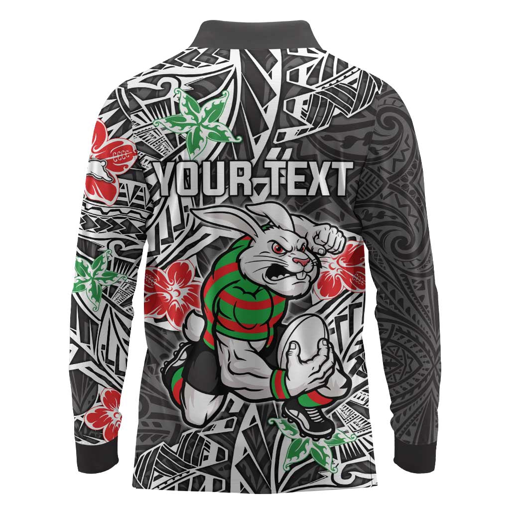 Personalised South Sydney Rabbitohs Long Sleeve Polo Shirt Polynesian Tribal Pattern With Rugby Rabbit Mascot Art