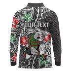 Personalised South Sydney Rabbitohs Long Sleeve Polo Shirt Polynesian Tribal Pattern With Rugby Rabbit Mascot Art
