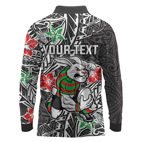 Personalised South Sydney Rabbitohs Long Sleeve Polo Shirt Polynesian Tribal Pattern With Rugby Rabbit Mascot Art