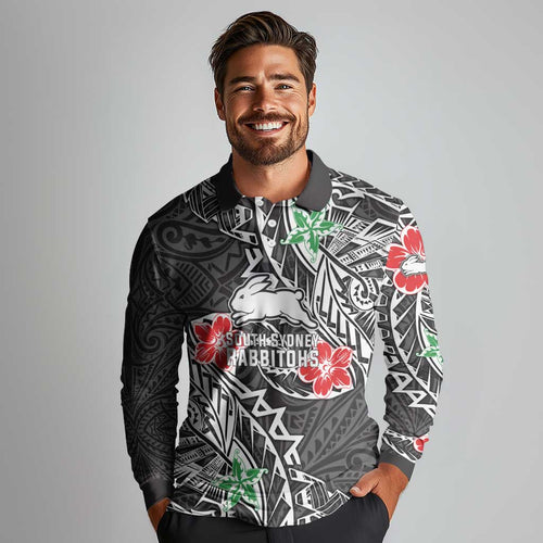 Personalised South Sydney Rabbitohs Long Sleeve Polo Shirt Polynesian Tribal Pattern With Rugby Rabbit Mascot Art