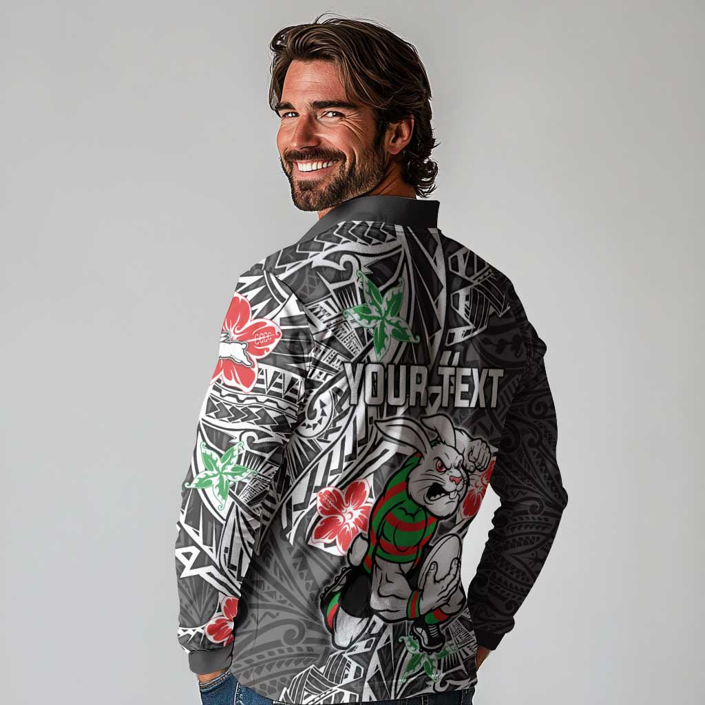 Personalised South Sydney Rabbitohs Long Sleeve Polo Shirt Polynesian Tribal Pattern With Rugby Rabbit Mascot Art