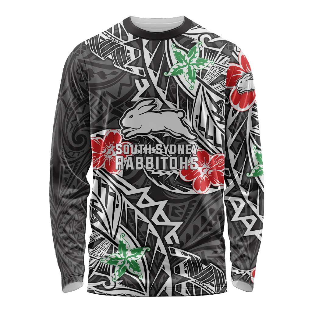 Personalised South Sydney Rabbitohs Long Sleeve Shirt Polynesian Tribal Pattern With Rugby Rabbit Mascot Art