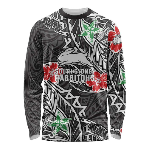 Personalised South Sydney Rabbitohs Long Sleeve Shirt Polynesian Tribal Pattern With Rugby Rabbit Mascot Art