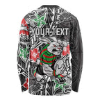 Personalised South Sydney Rabbitohs Long Sleeve Shirt Polynesian Tribal Pattern With Rugby Rabbit Mascot Art
