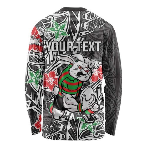 Personalised South Sydney Rabbitohs Long Sleeve Shirt Polynesian Tribal Pattern With Rugby Rabbit Mascot Art