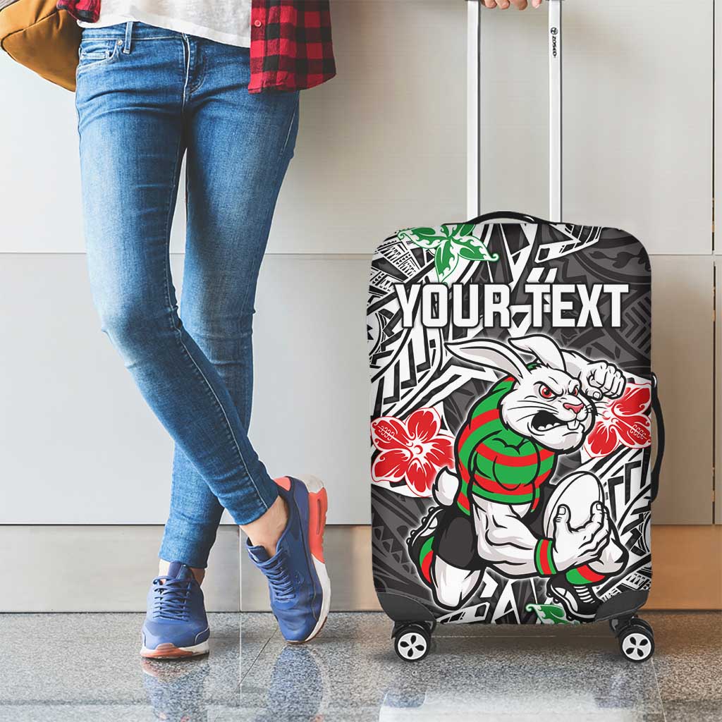 Personalised South Sydney Rabbitohs Luggage Cover Polynesian Tribal Pattern With Rugby Rabbit Mascot Art