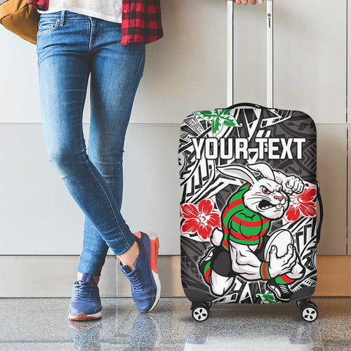 Personalised South Sydney Rabbitohs Luggage Cover Polynesian Tribal Pattern With Rugby Rabbit Mascot Art