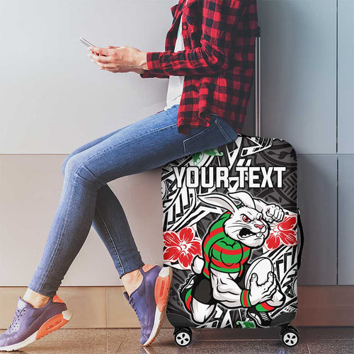 Personalised South Sydney Rabbitohs Luggage Cover Polynesian Tribal Pattern With Rugby Rabbit Mascot Art