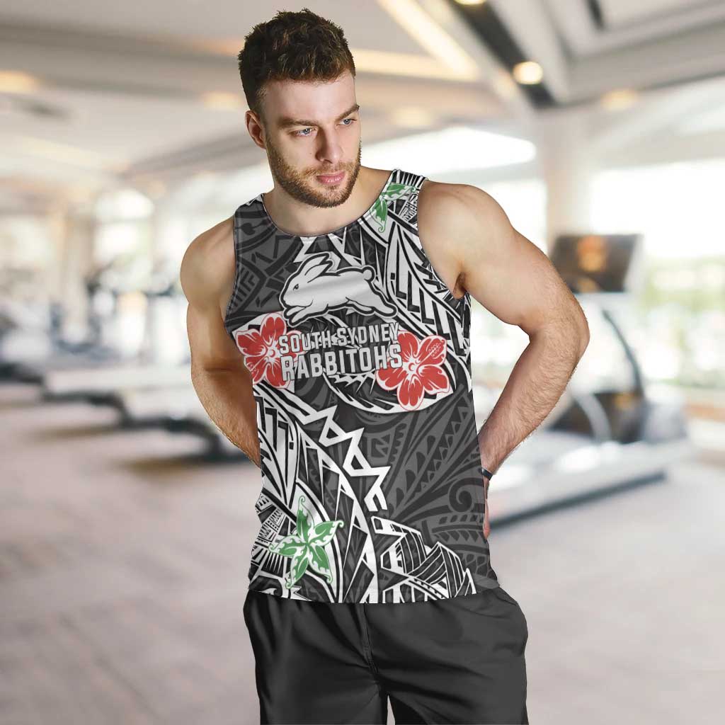 Personalised South Sydney Rabbitohs Men Tank Top Polynesian Tribal Pattern With Rugby Rabbit Mascot Art