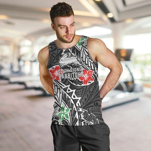 Personalised South Sydney Rabbitohs Men Tank Top Polynesian Tribal Pattern With Rugby Rabbit Mascot Art