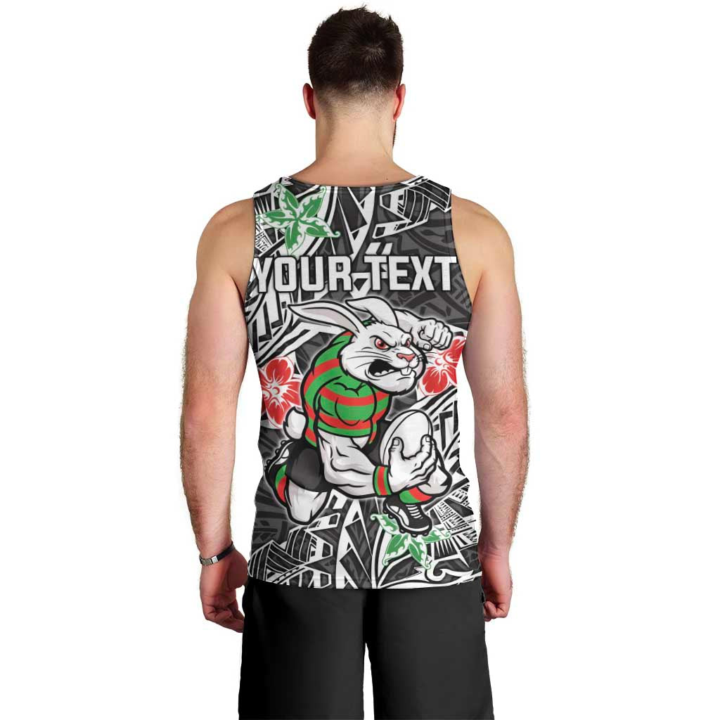 Personalised South Sydney Rabbitohs Men Tank Top Polynesian Tribal Pattern With Rugby Rabbit Mascot Art