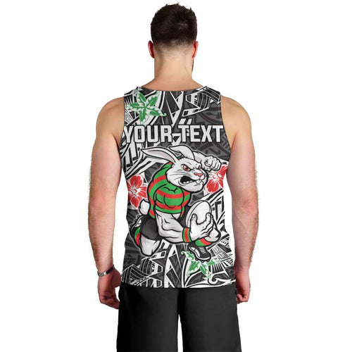 Personalised South Sydney Rabbitohs Men Tank Top Polynesian Tribal Pattern With Rugby Rabbit Mascot Art