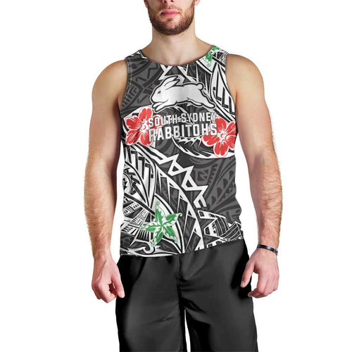 Personalised South Sydney Rabbitohs Men Tank Top Polynesian Tribal Pattern With Rugby Rabbit Mascot Art