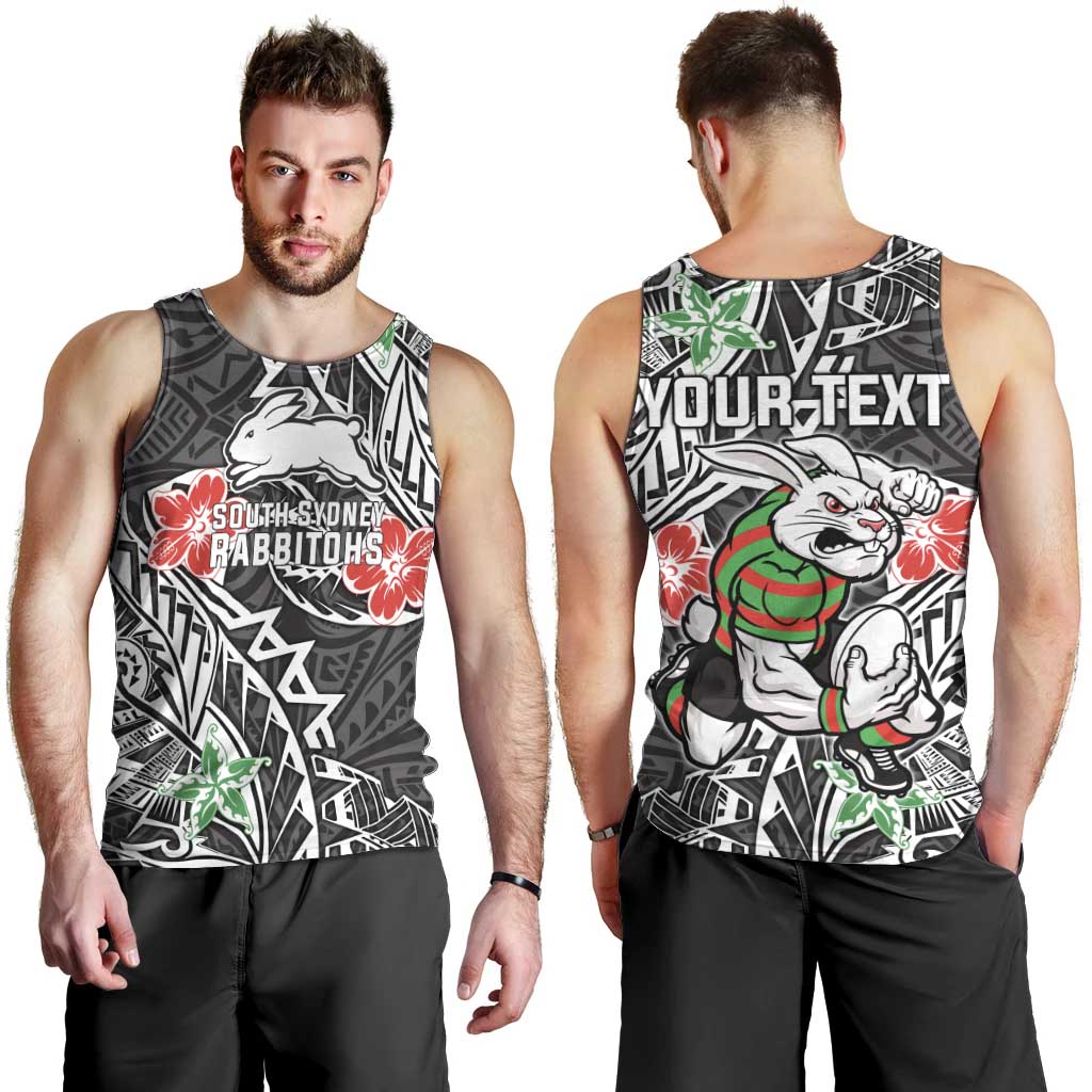 Personalised South Sydney Rabbitohs Men Tank Top Polynesian Tribal Pattern With Rugby Rabbit Mascot Art