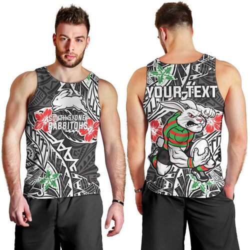 Personalised South Sydney Rabbitohs Men Tank Top Polynesian Tribal Pattern With Rugby Rabbit Mascot Art