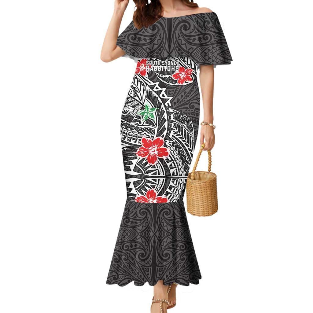 Personalised South Sydney Rabbitohs Mermaid Dress Polynesian Tribal Pattern With Rugby Rabbit Mascot Art