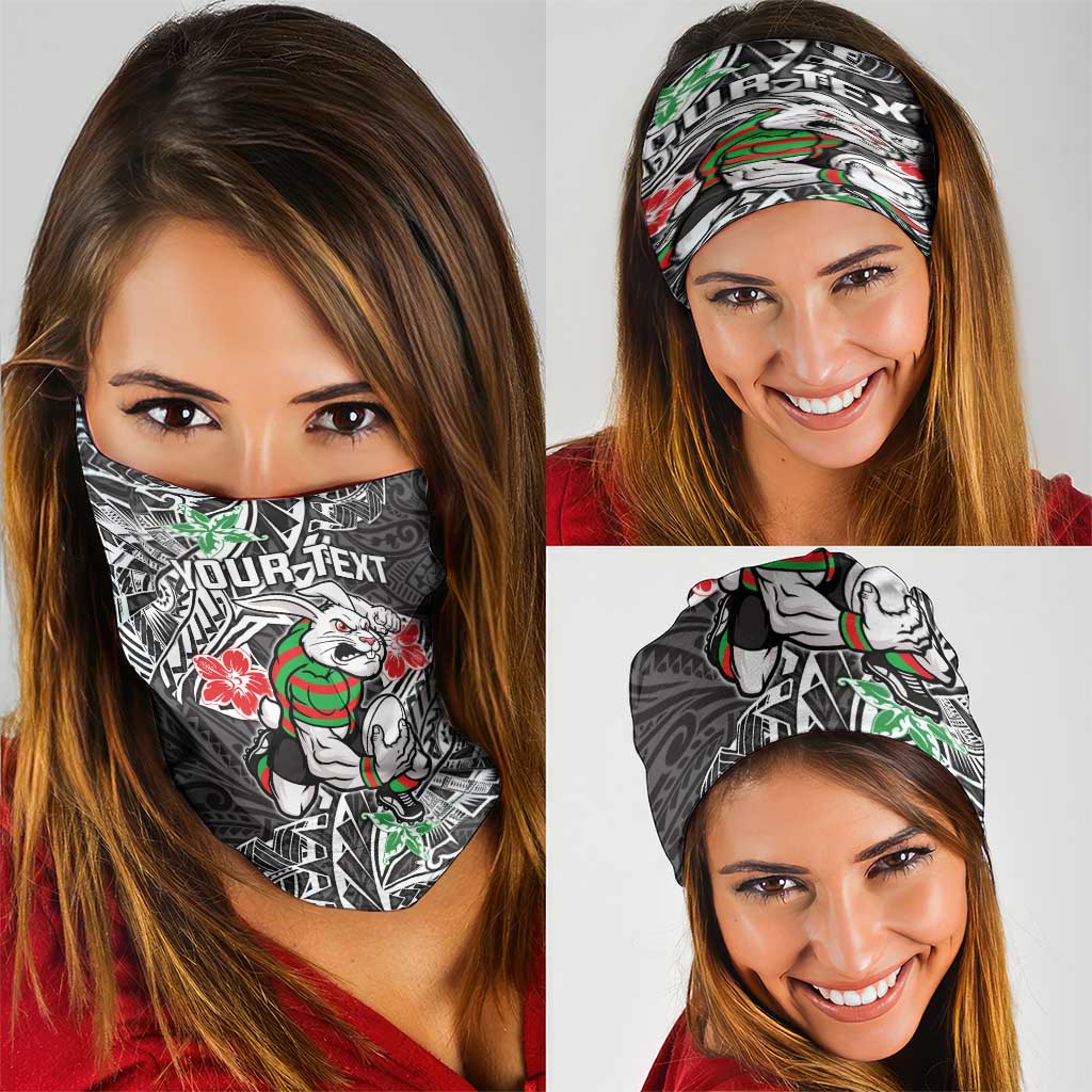 Personalised South Sydney Rabbitohs Neck Gaiter Polynesian Tribal Pattern With Rugby Rabbit Mascot Art
