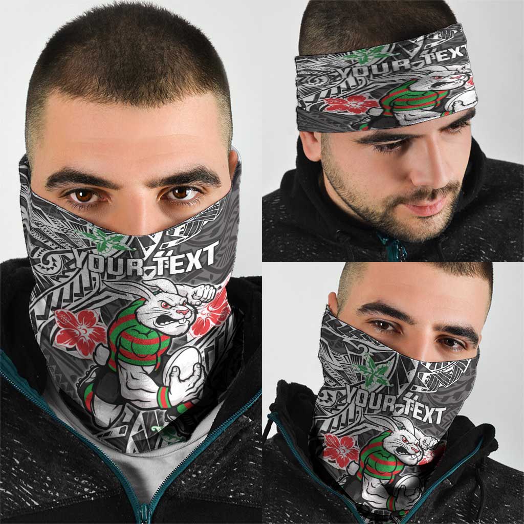 Personalised South Sydney Rabbitohs Neck Gaiter Polynesian Tribal Pattern With Rugby Rabbit Mascot Art