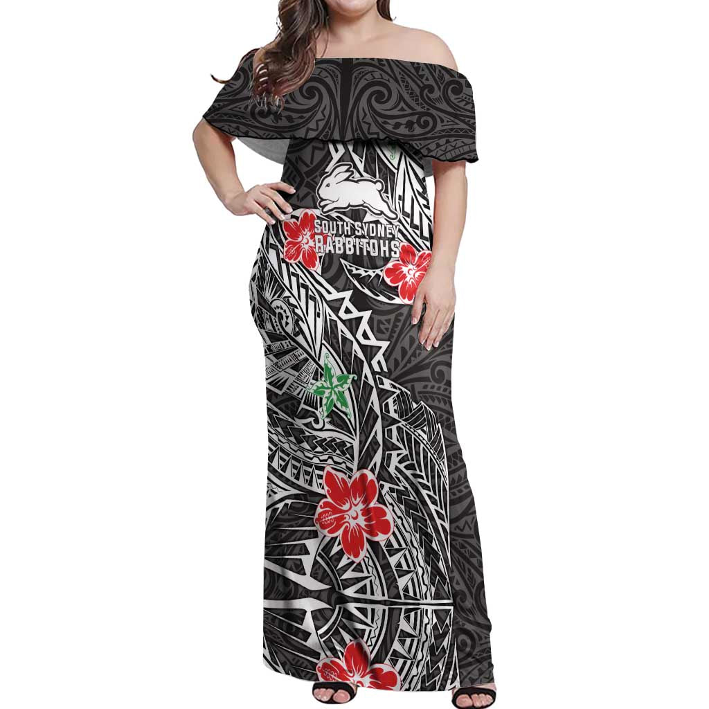 Personalised South Sydney Rabbitohs Off Shoulder Maxi Dress Polynesian Tribal Pattern With Rugby Rabbit Mascot Art